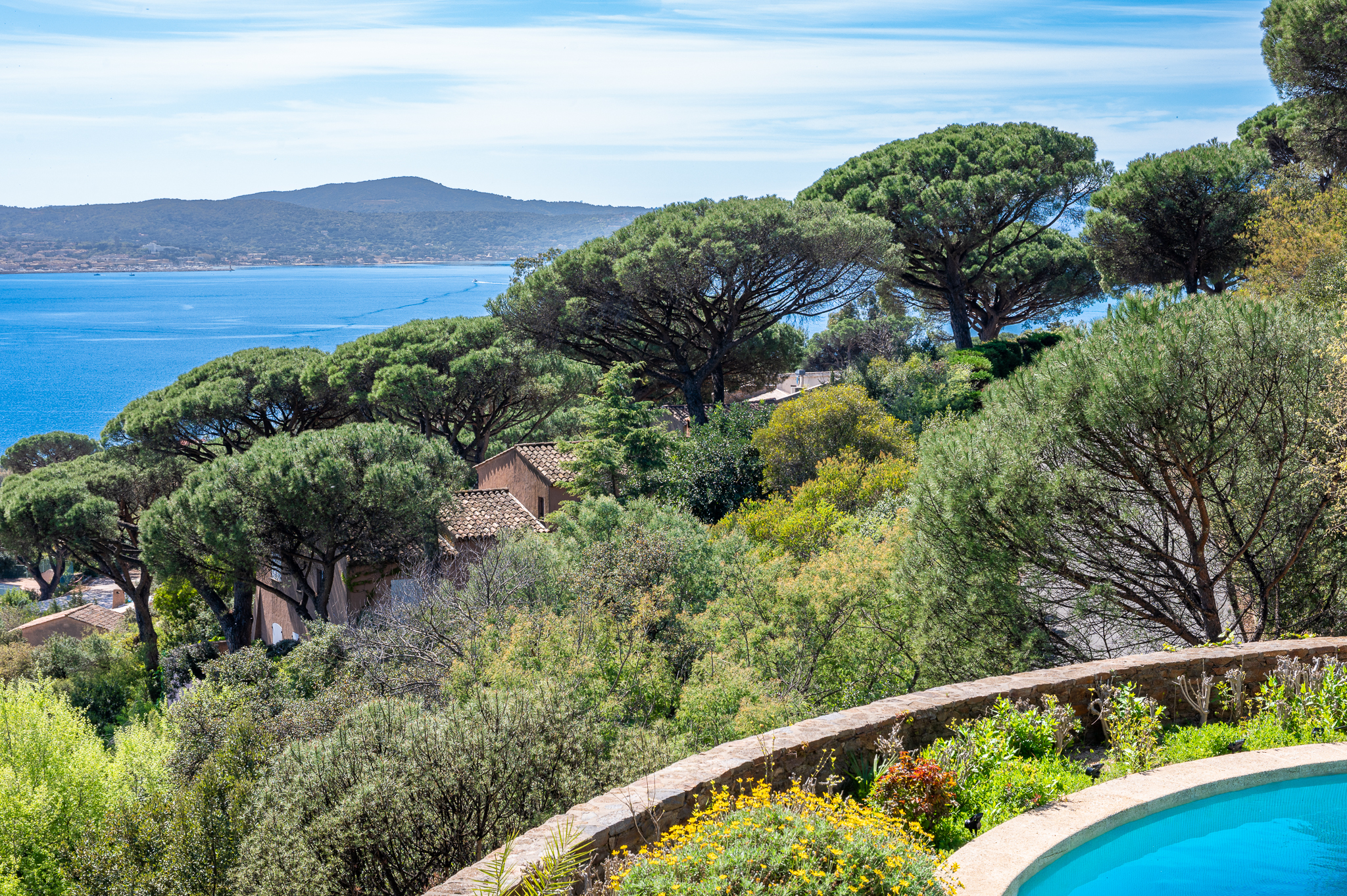 Jardin, piscine et vue mer